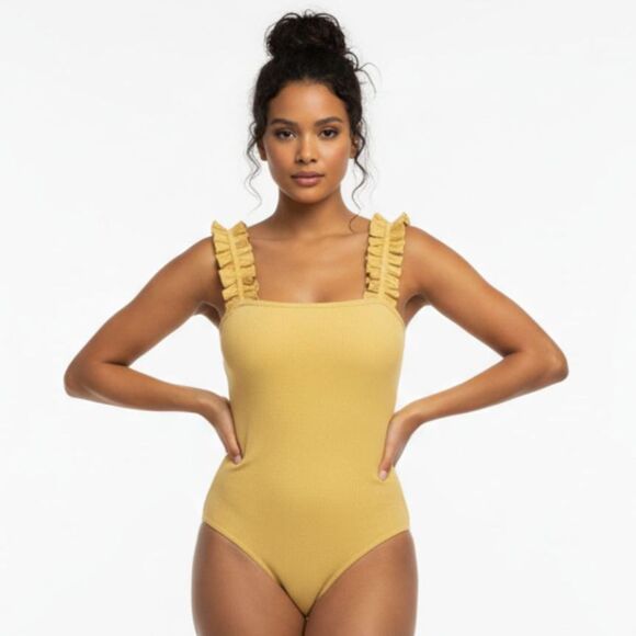Le Lis Tops - Le Lis Flounced Ruffle Strap Ribbed Mustard Yellow Bodysuit Size Small